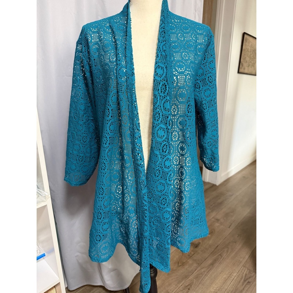 Womens Teal Blue Geometric Lace Crochet Open Front Cardigan 3/4 Sleeve Layering
